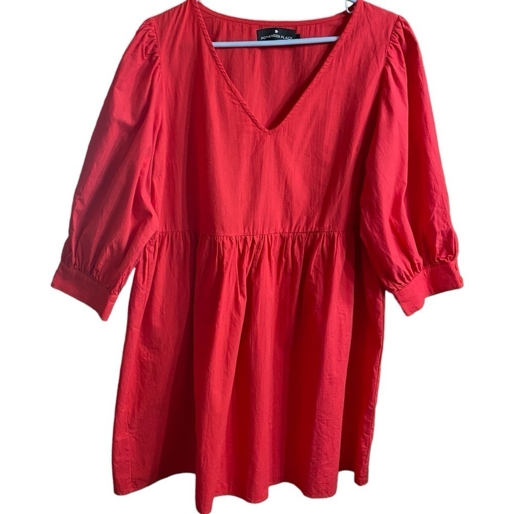 Pomander Place Red Cotton Dress Large Lizzie VNeck Babydoll Puffed Sleeve Mini